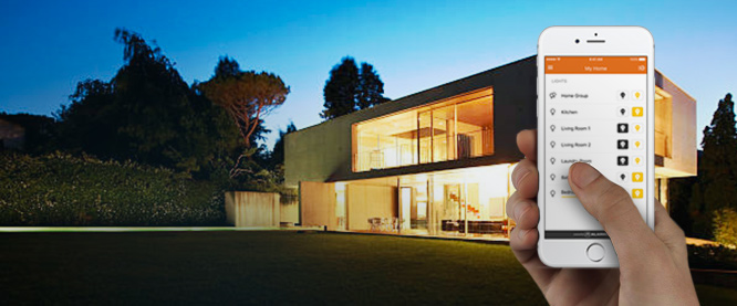 Image of house with someone holding a phone outside managing the light and security system